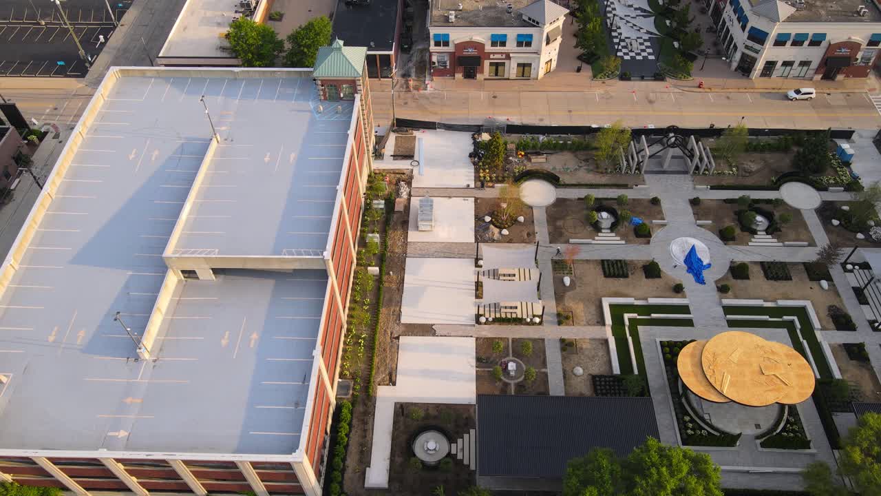 Aerial view of Dearborn Peace Park and downtown Dearborn in golden hour
