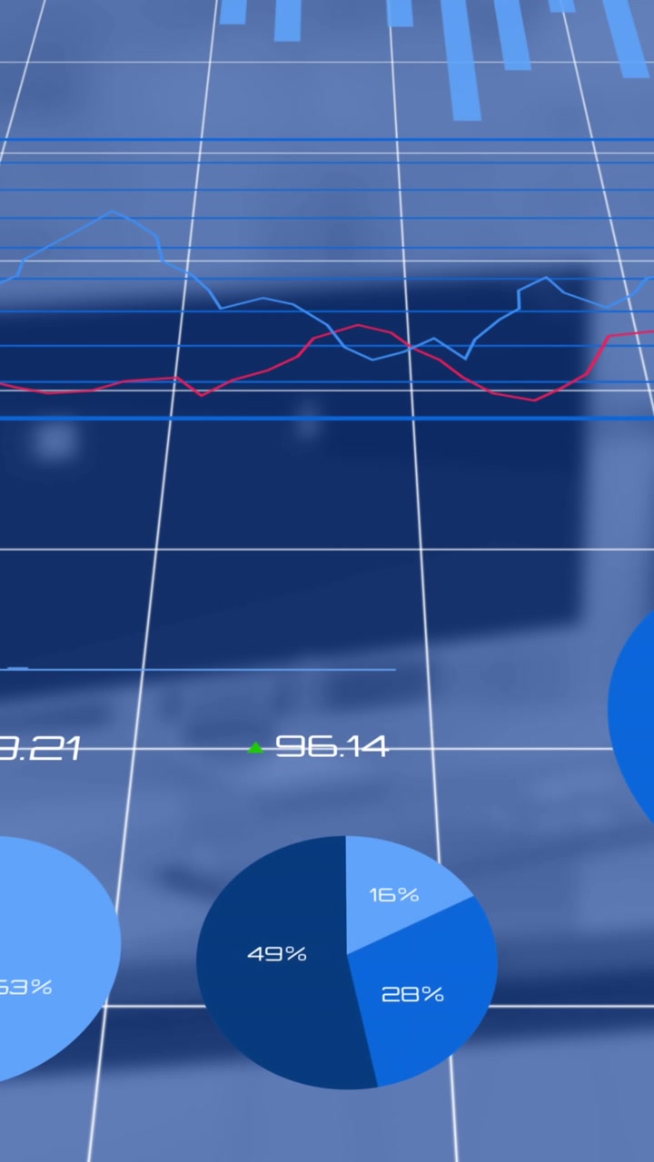 Animazione di più grafici con numeri variabili su una sedia vuota, un libro e un desktop su una scrivania