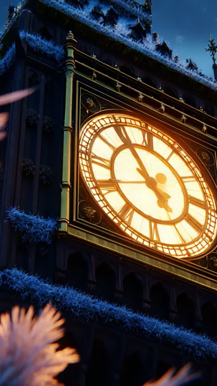A grand close-up of an ornate clock face adorned with intricate details and a warm golden glow, portraying the essence of time amidst a beautifully decorated backdrop embellished with frost