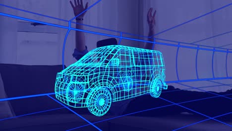 Animation-Einer-Technischen-3D-Zeichnung-Eines-Lieferwagens-über-Einem-Mann-Zu-Hause,-Der-Ein-VR-Headset-Trägt
