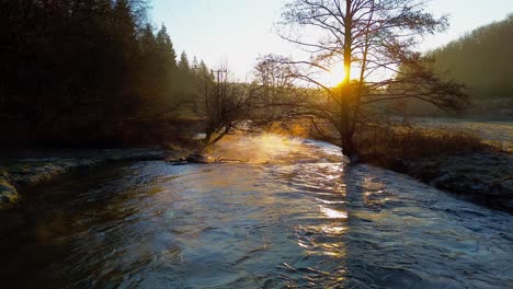 La-Primera-Luz-Del-Amanecer-Se-Refleja-En-Un-Sereno-Río-Forestal.