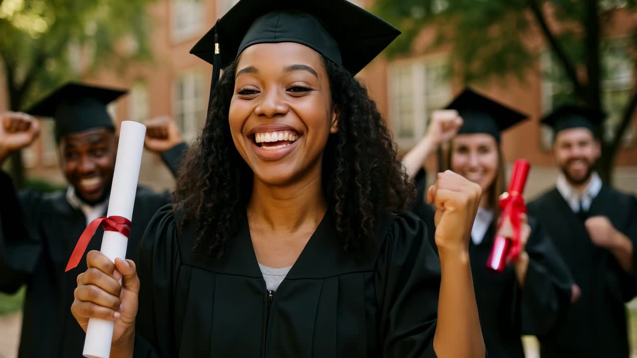 A joyful graduation scene captured at eye level, featuring graduates in caps and gowns celebrating