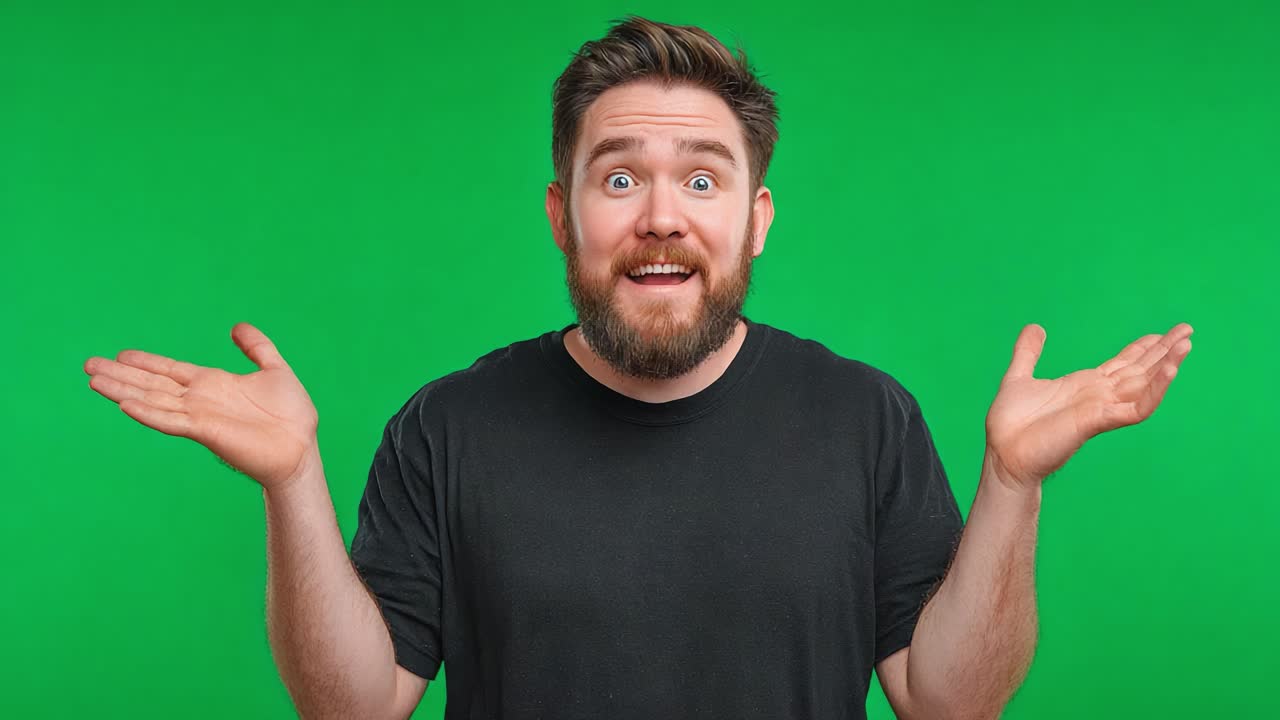 A man displays a range of emotions in two contrasting expressions against a vibrant green background, showcasing surprise and confusion in a playful manner
