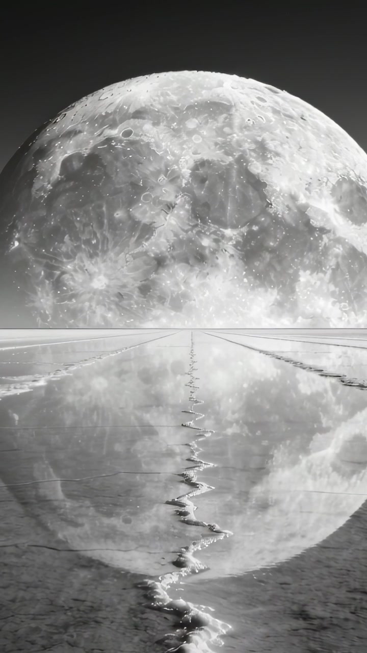 Video verticale: Mostra la luna piena che si riflette su una piana di marea, la marea che trascina una scia di schiuma verso lo spettatore.