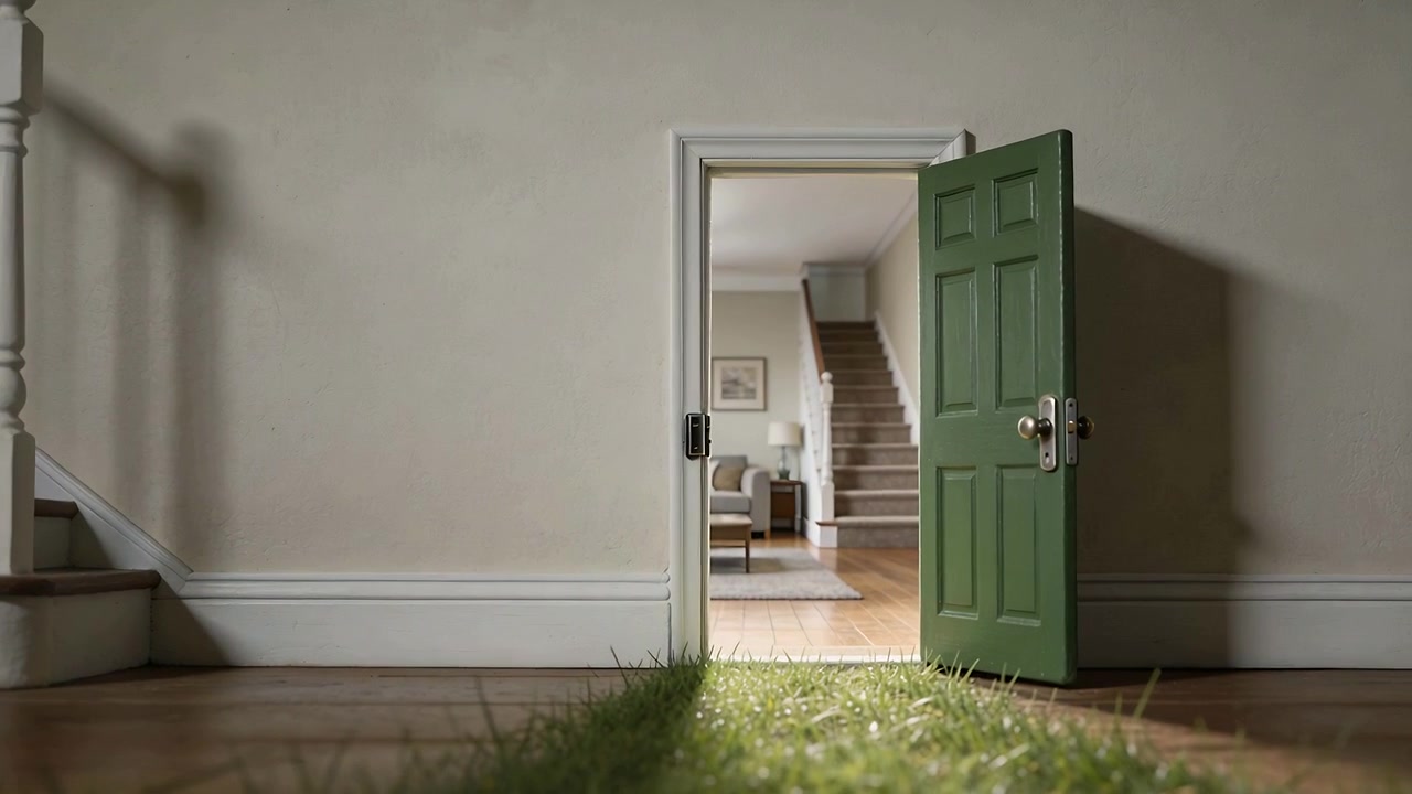 Porta verde a sei pannelli che si apre, rivelando il soggiorno e le scale al piano, con l'erba che conduce all'interno.