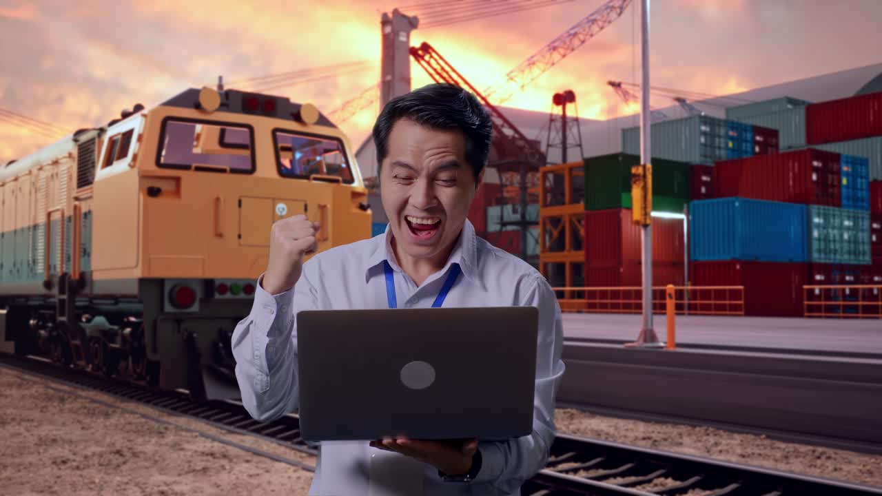Asian Male Professional Worker Standing With His Laptop With Freight Cargo Train At Port, He Raises His Fist Up With Screaming Goal