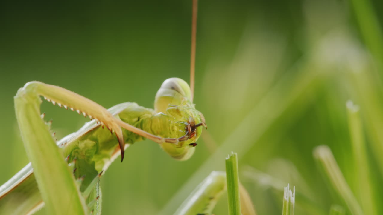 Mantide religiosa insetto che si pulisce le zampe nell'erba verde.