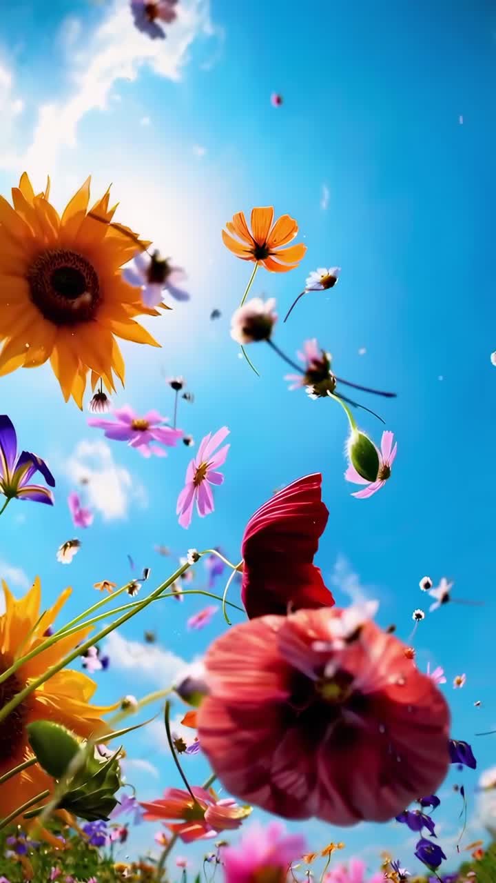 Flores vibrantes contra um céu ensolarado, capturadas de um ângulo baixo, perfeitas para um vídeo animado