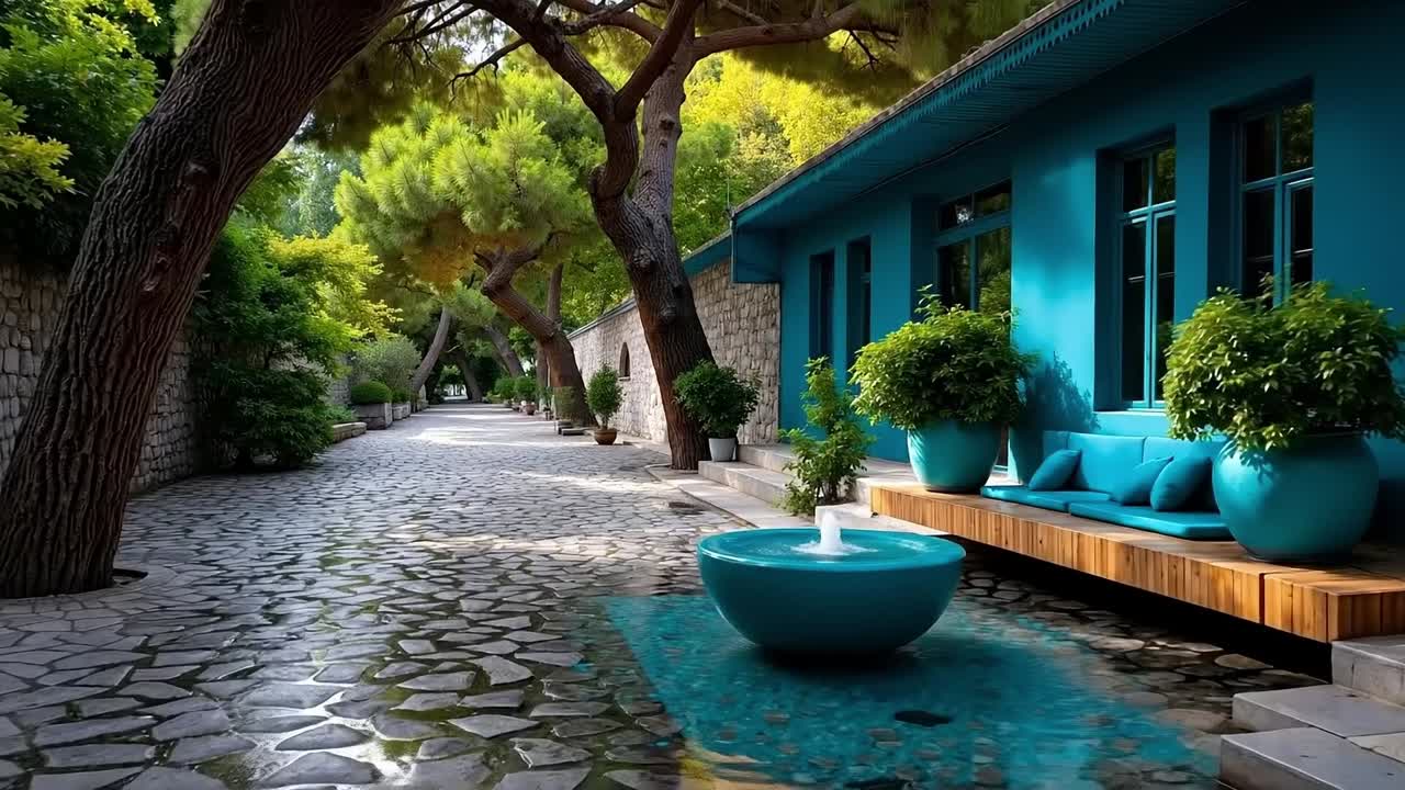 A blue house with a fountain in the middle of a courtyard