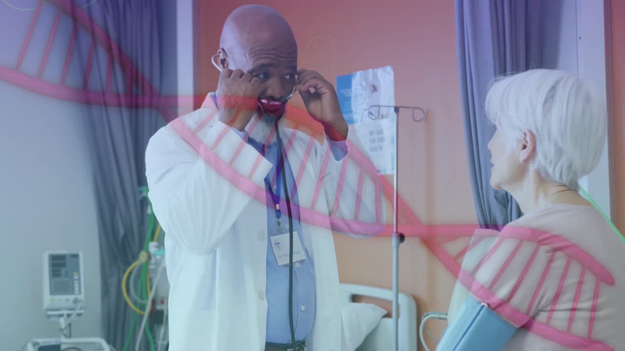 animación de una cadena de adn sobre un médico afroamericano con una paciente femenina