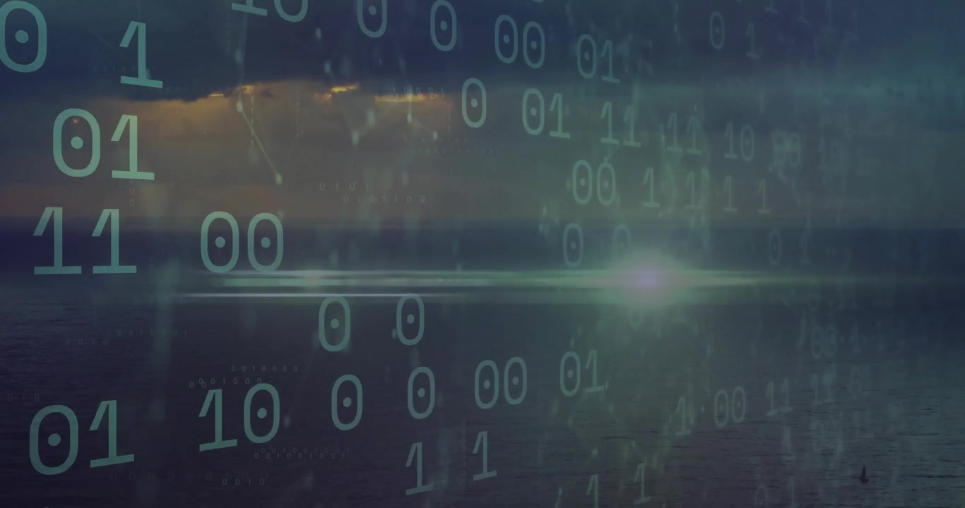 Binary code animation overlaying serene ocean landscape during dusk sky