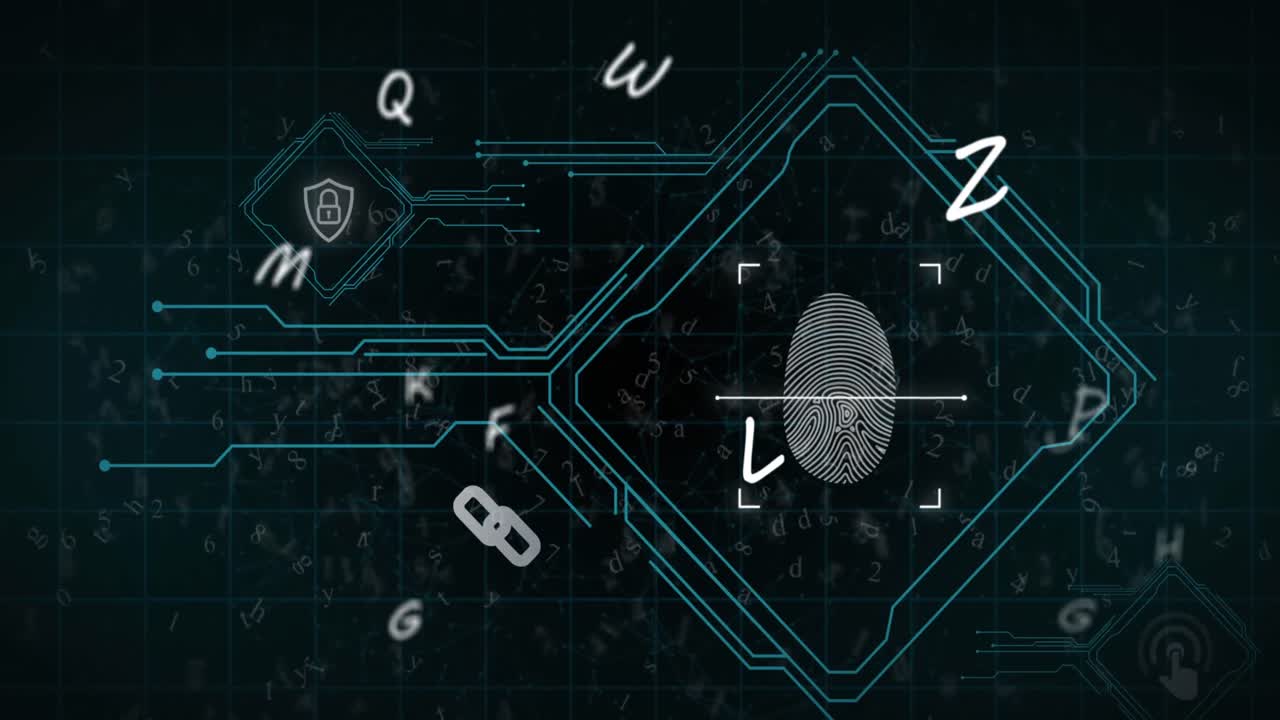 animación de letras flotantes sobre el icono de huella dactilar en fondo negro