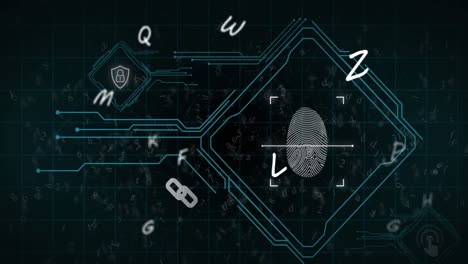 animación de letras flotantes sobre el icono de huella dactilar en fondo negro