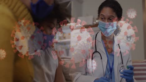 animation of covid 19 cells and female doctor preparing vaccination fo patient