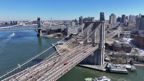 brooklyn skyline at manhattan in new york united states. highrise buildings scenery. brooklyn bridge landscape. brooklyn skyline at new york united states. traffic background.