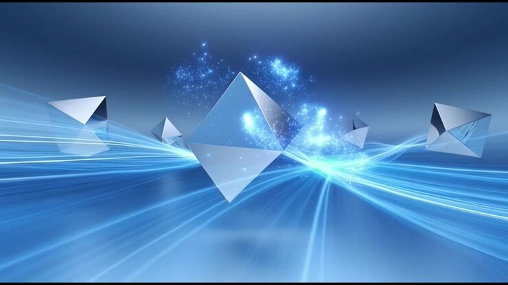 Forme geometriche 3D astratte fluttuanti con scie di luce blu luminose