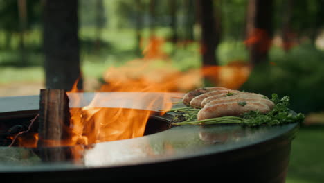 Fleischwürste-Bereiten-Sich-Auf-Eine-Grillparty-Vor.-Würstchen-Nach-Belieben-Mit-Koriander-Bräunen