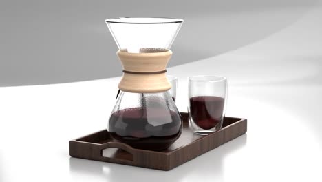 3d rendering animation, hot beverage in chemex coffee decanter and double wall layer bodum on a dark wooden serving tray, rotation orbiting shot