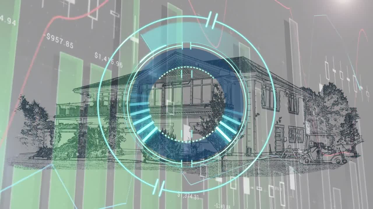 도시 풍경에 대한 데이터 처리와 함께 범위 스캐닝과 통계의 애니메이션