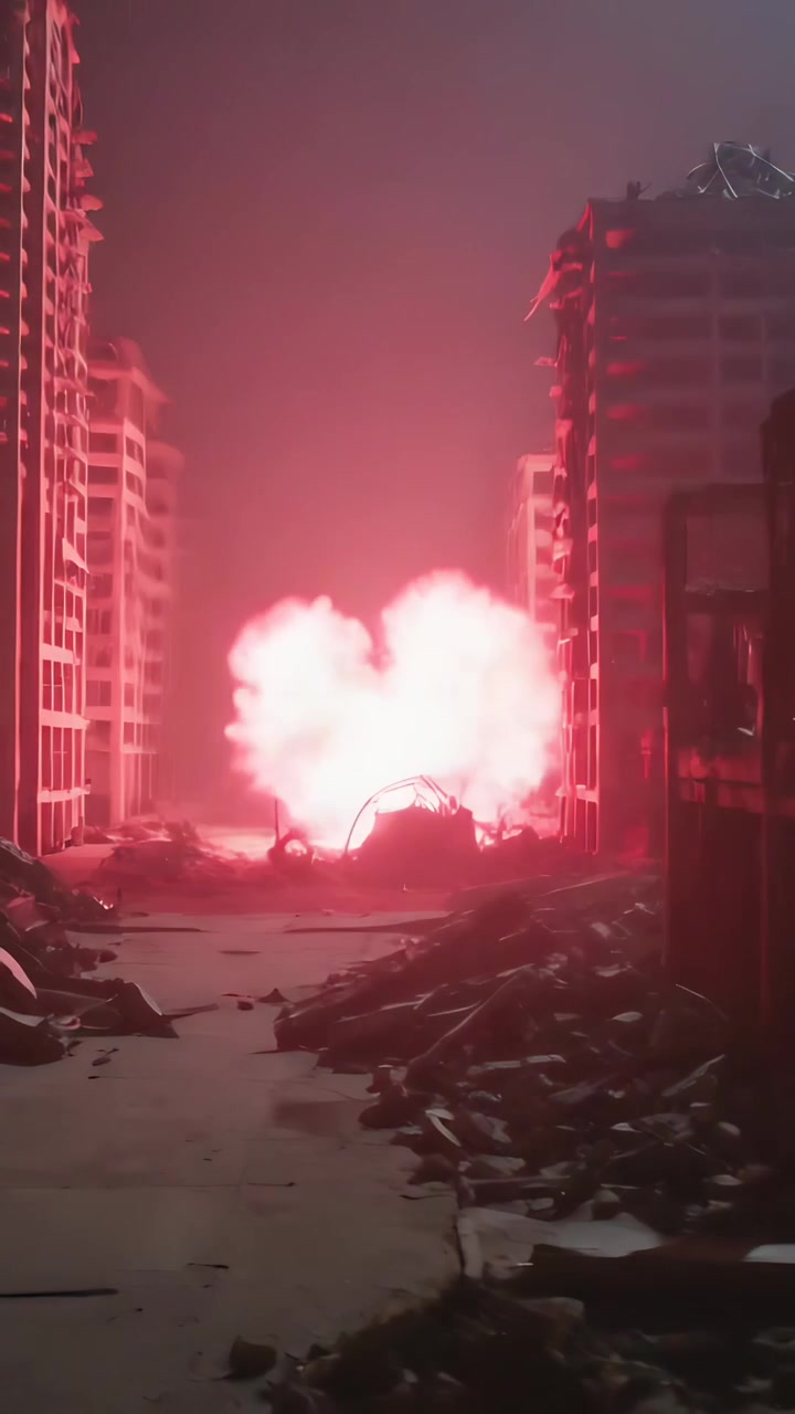 Video verticale: Un bagliore rosso-bianco che erutta illumina uno stretto corridoio urbano, proiettando ombre su macerie e facciate.