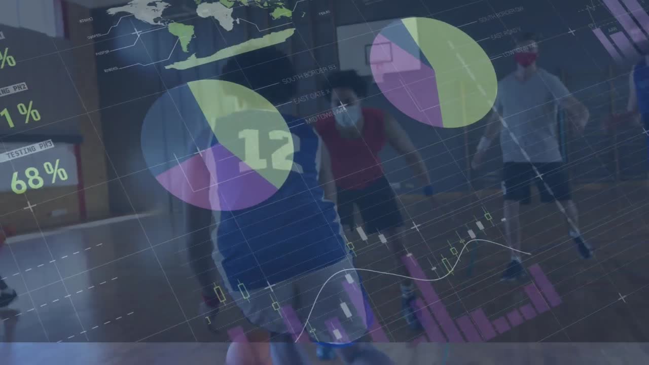animación del procesamiento de datos financieros sobre diversos jugadores de baloncesto que llevan máscaras faciales
