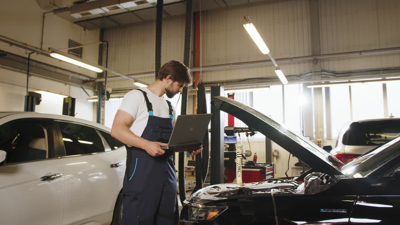 mecánico diagnosticando un coche con una computadora portátil