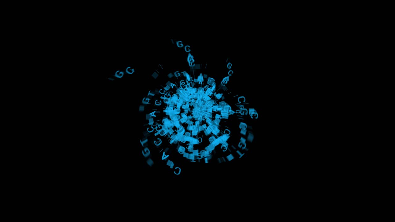 Blue DNA letters (A, C, G, T) swirl and fly out, forming a futuristic vortex on black background, genetics or biotechnology concept