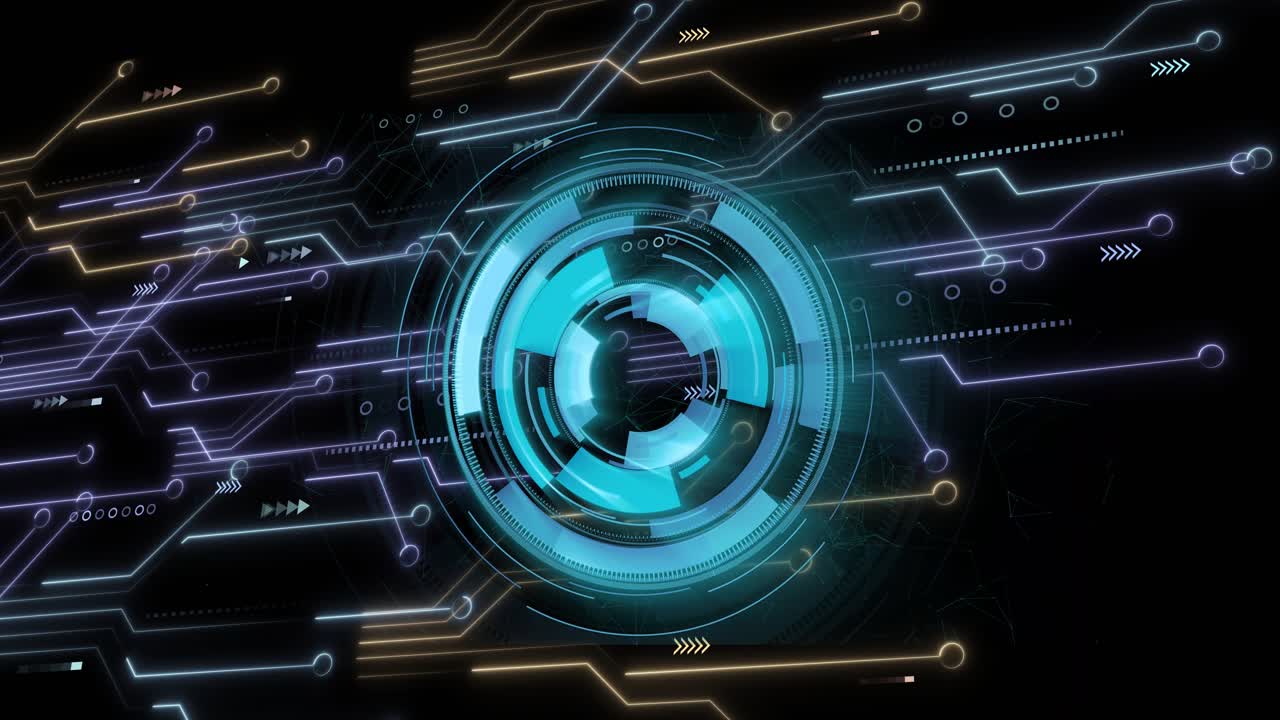 All'inizio dell'animazione, un'interfaccia ciano emerge, con anelli pulsanti che si estendono e linee al neon che visualizzano il flusso di dati.