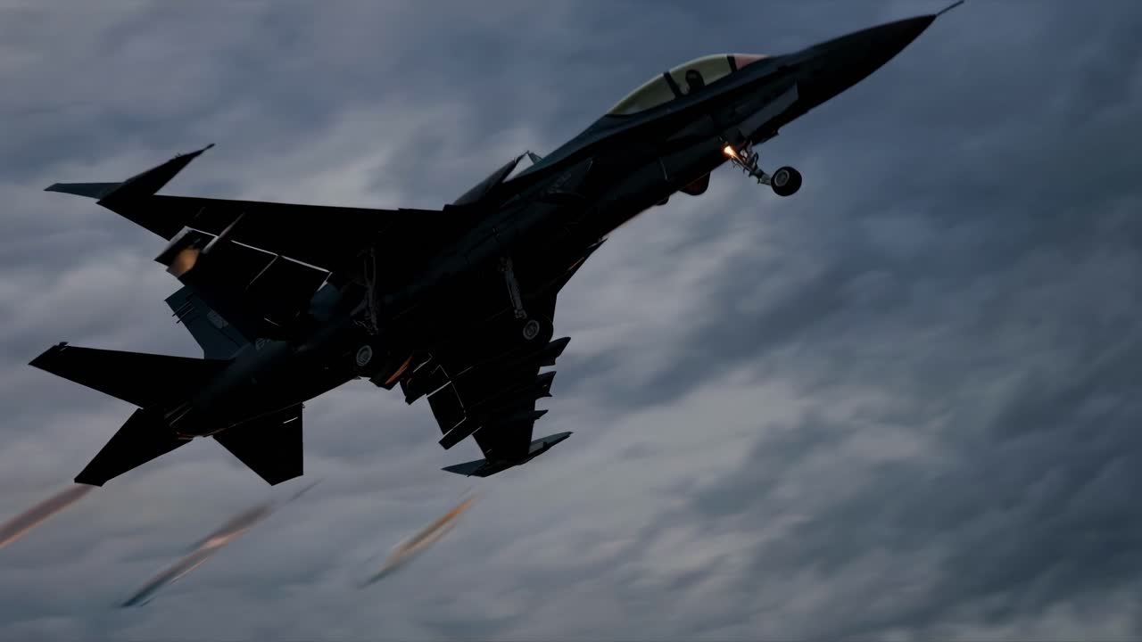 A dramatic low-angle shot of a fighter jet landing at sunset, capturing the intense atmosphere often