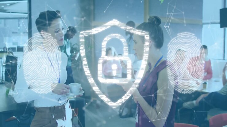 Animation of padlock icon over diverse business people having meeting at office