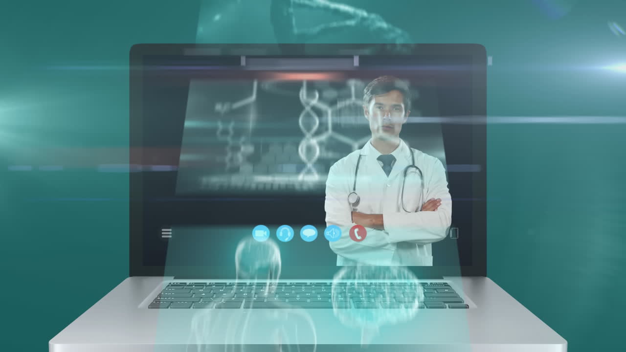 Animazione dello schermo di un computer portatile che mostra un medico uomo durante una videochiamata
