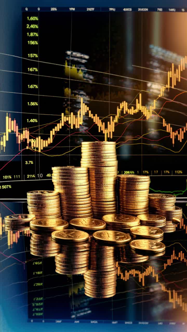 Low-angle shot of stacked coins with a stock market graph in the background, conveying financial