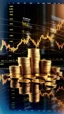 low-angle shot of stacked coins with a stock market graph in the background, conveying financial