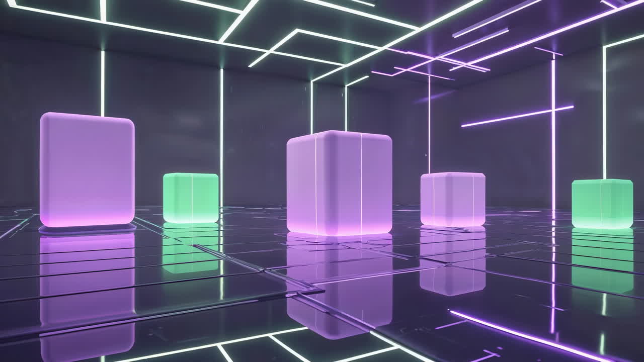 Abstract Futuristic Room with Glowing Cubes and Neon Lights