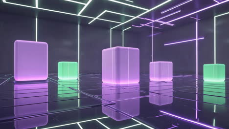 abstract futuristic room with glowing cubes and neon lights