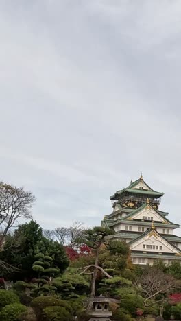 panoramic view of osaka castle with serene garden.