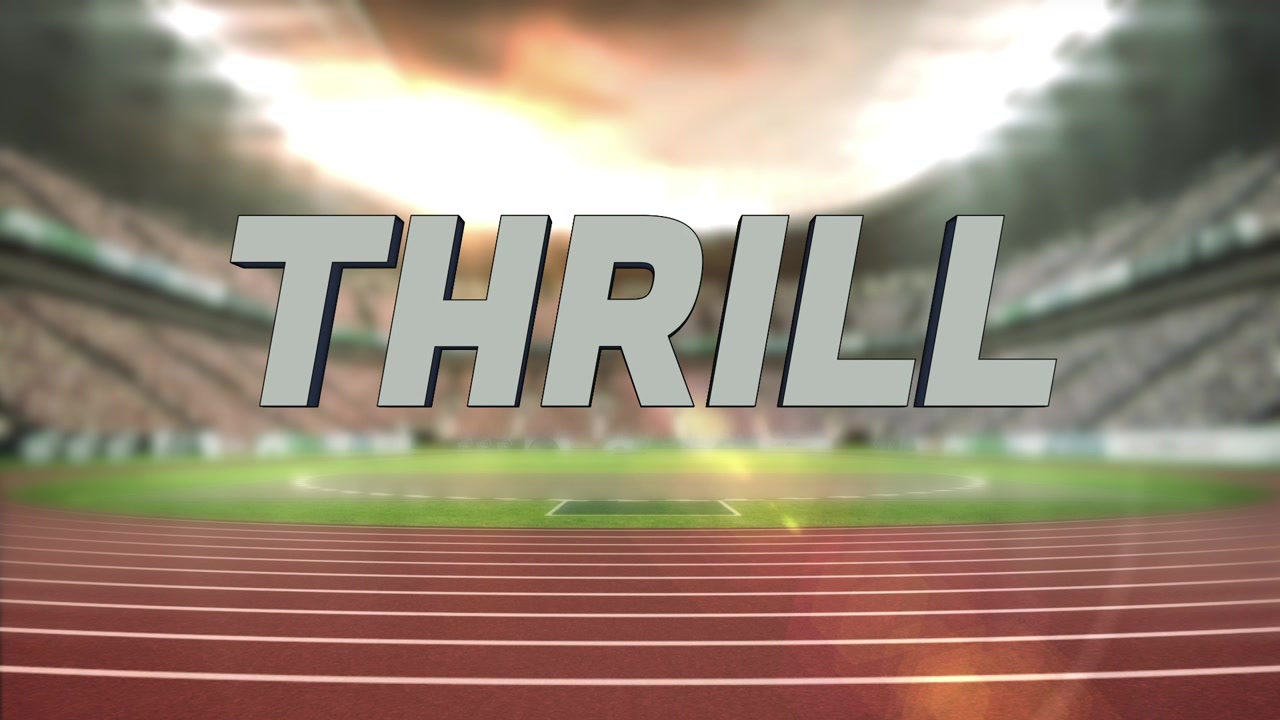 Materializing metallic 3D text hovering over track lanes in floodlit stadium, highlighting 3D depth