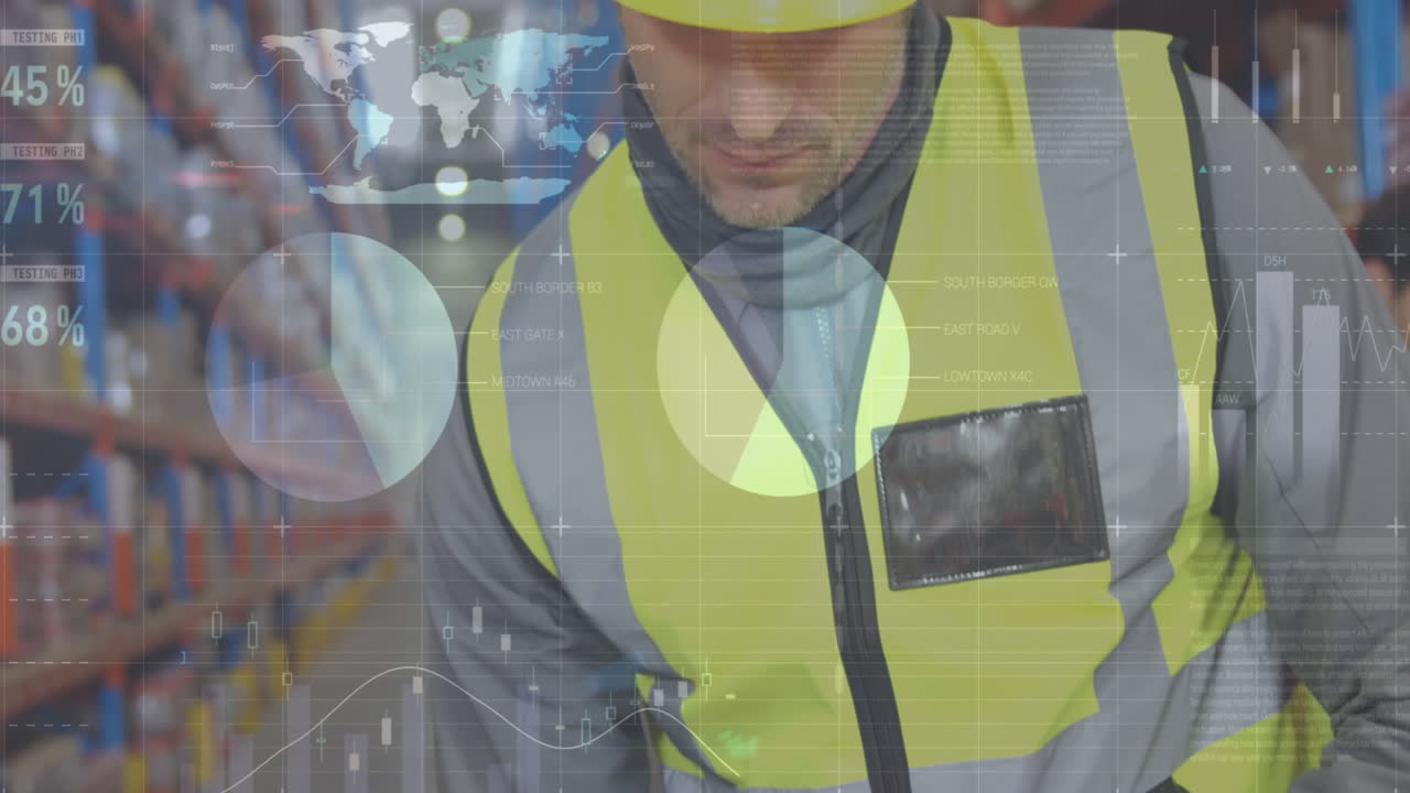 창고에서 일하는 사람에 대한 데이터 처리 애니메이션