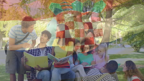 studying outdoors, students with croatian flag animation in school setting