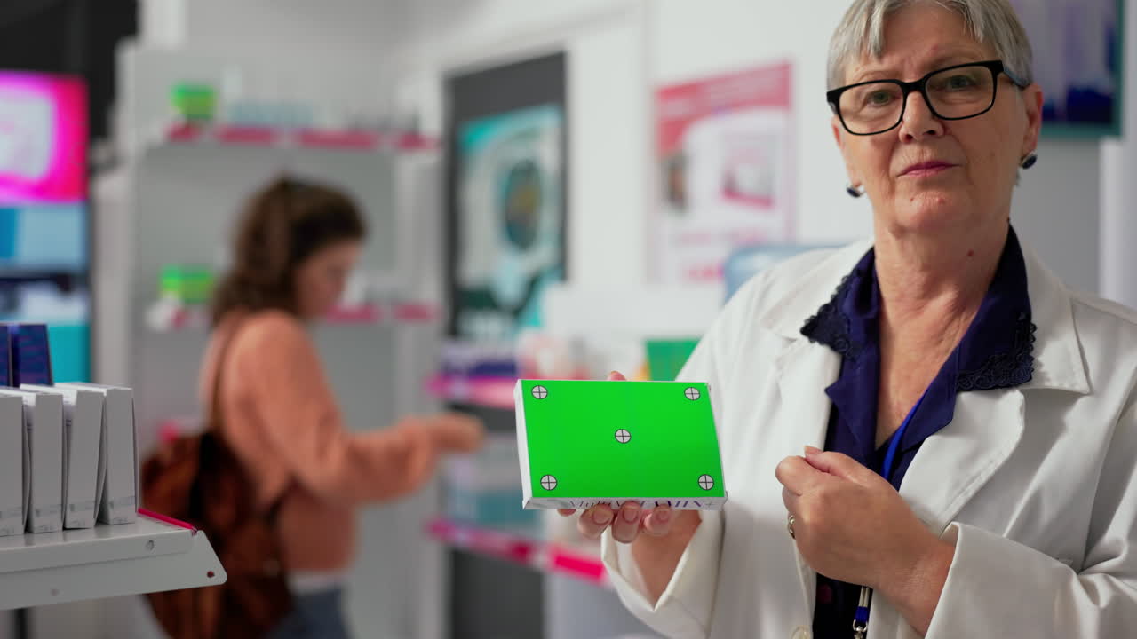 Pharmacist holding a green screen in a pharmacy