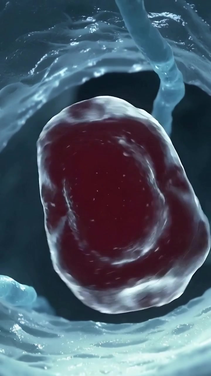 Video verticale: Globulo rosso rotante che si muove verso il basso e si inclina in un lume stretto.