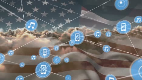 Animation-of-network-of-connections-with-icons-over-flag-of-united-states-of-america-and-clouds