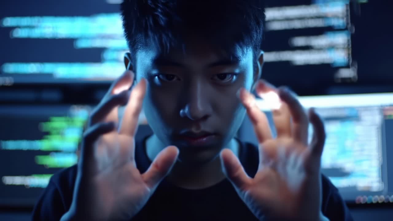 A Young Programmer Harnesses Digital Power: An Intense Moment of Focus and Creativity Amidst Lines of Code and Illuminated Screens in a Dark Environment