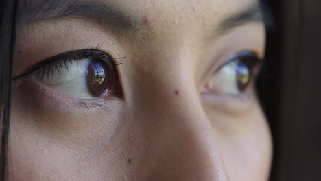 close up young woman eyes looking pensive contemplative reflection on iris