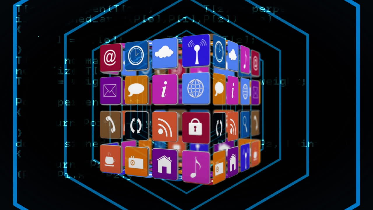 Internet icons and symbols on a cube