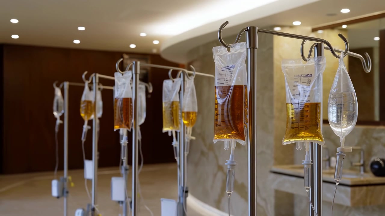 Sacche per infusione trasparenti riempite con liquido trasparente e ambrato pendono da supporti metallici in un interno medico pulito e delicatamente illuminato, con più supporti che si estendono in profondità.