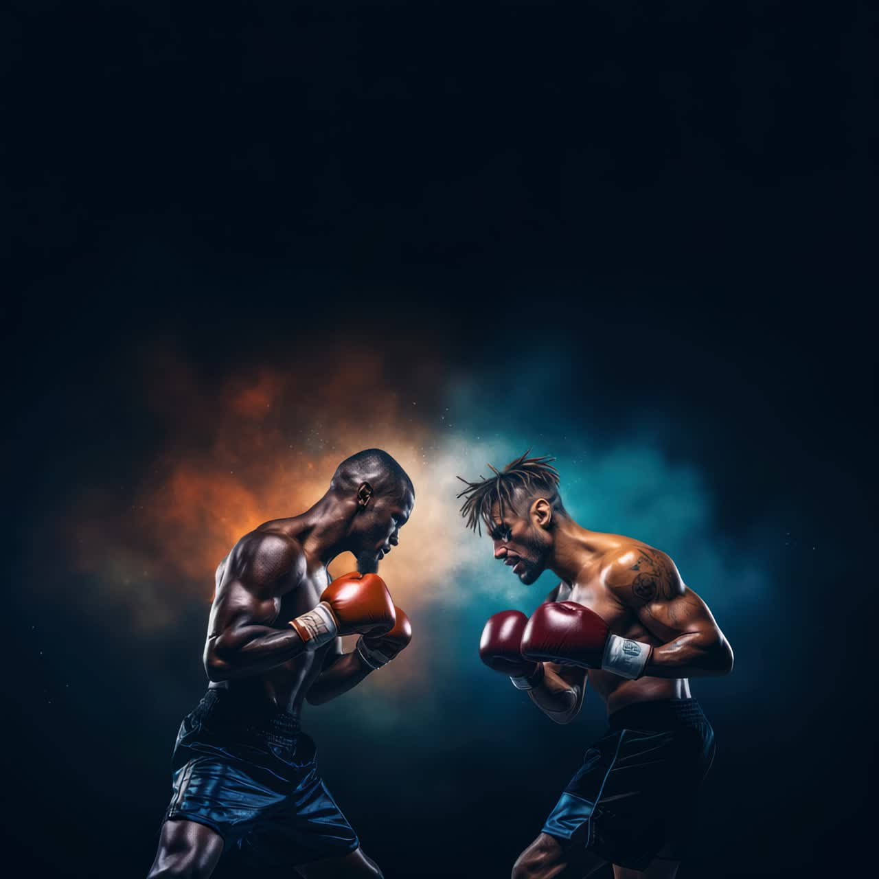Dynamic video concept of two boxers facing off, captured from a low angle