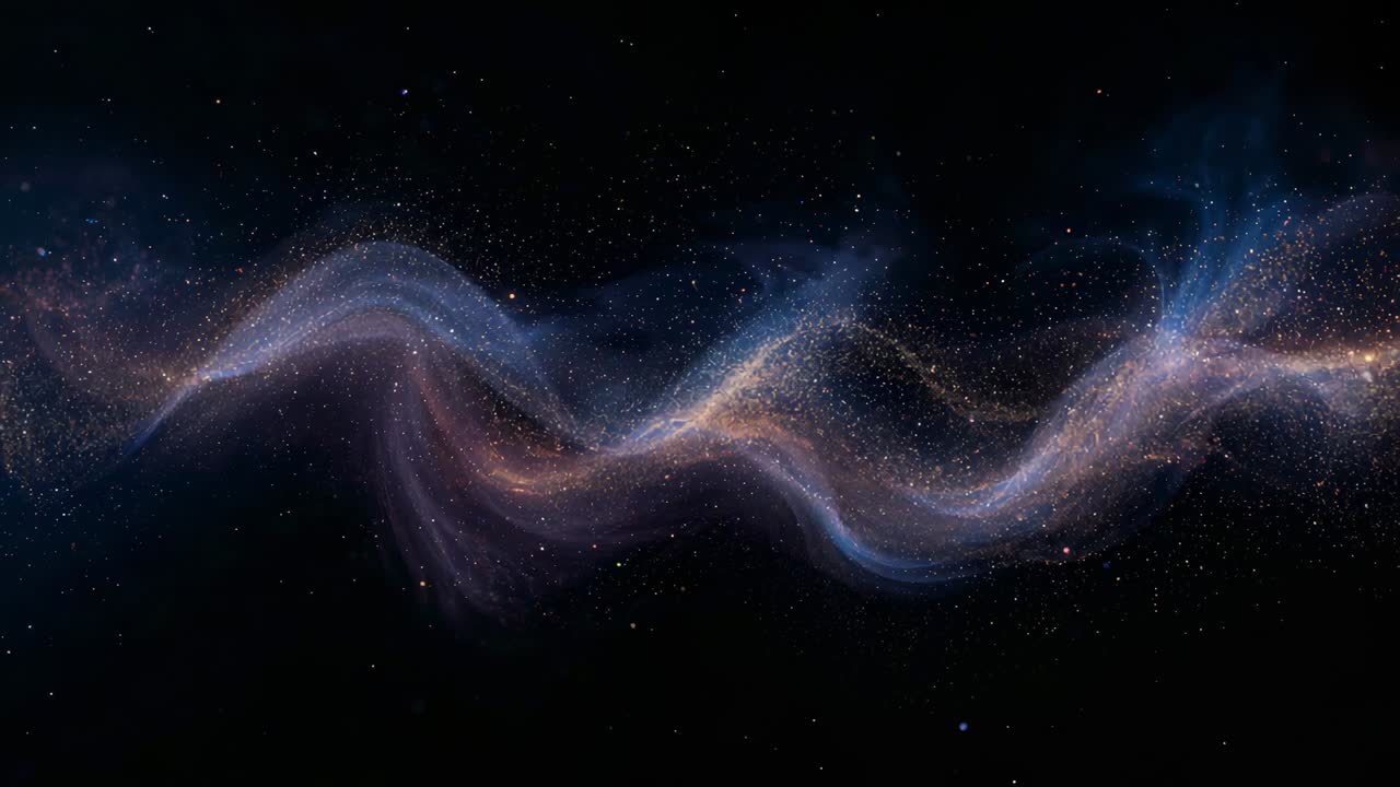 Advancing frame sequence showing luminous cosmic ribbon shifting across starfield, glowing sparkles