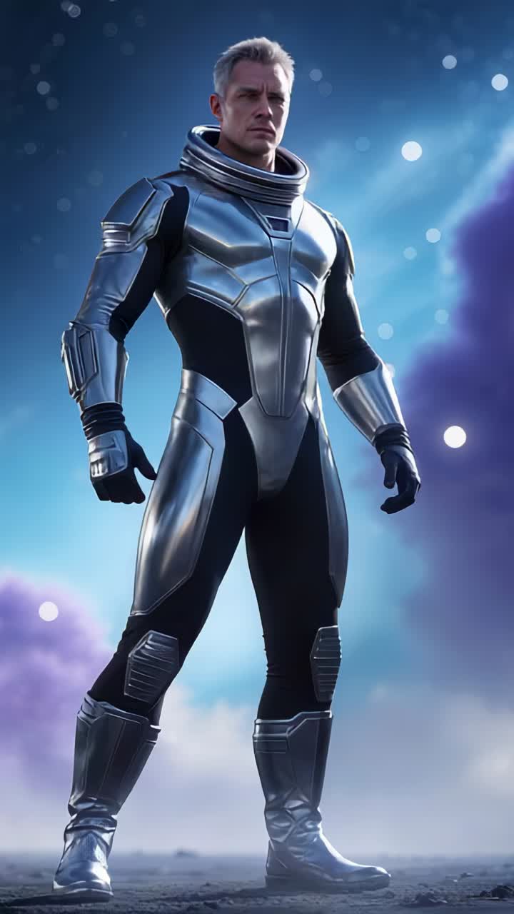 Vertical video: Raising arms astronaut calibrating metallic suit sensors on rocky plain, nebula sky