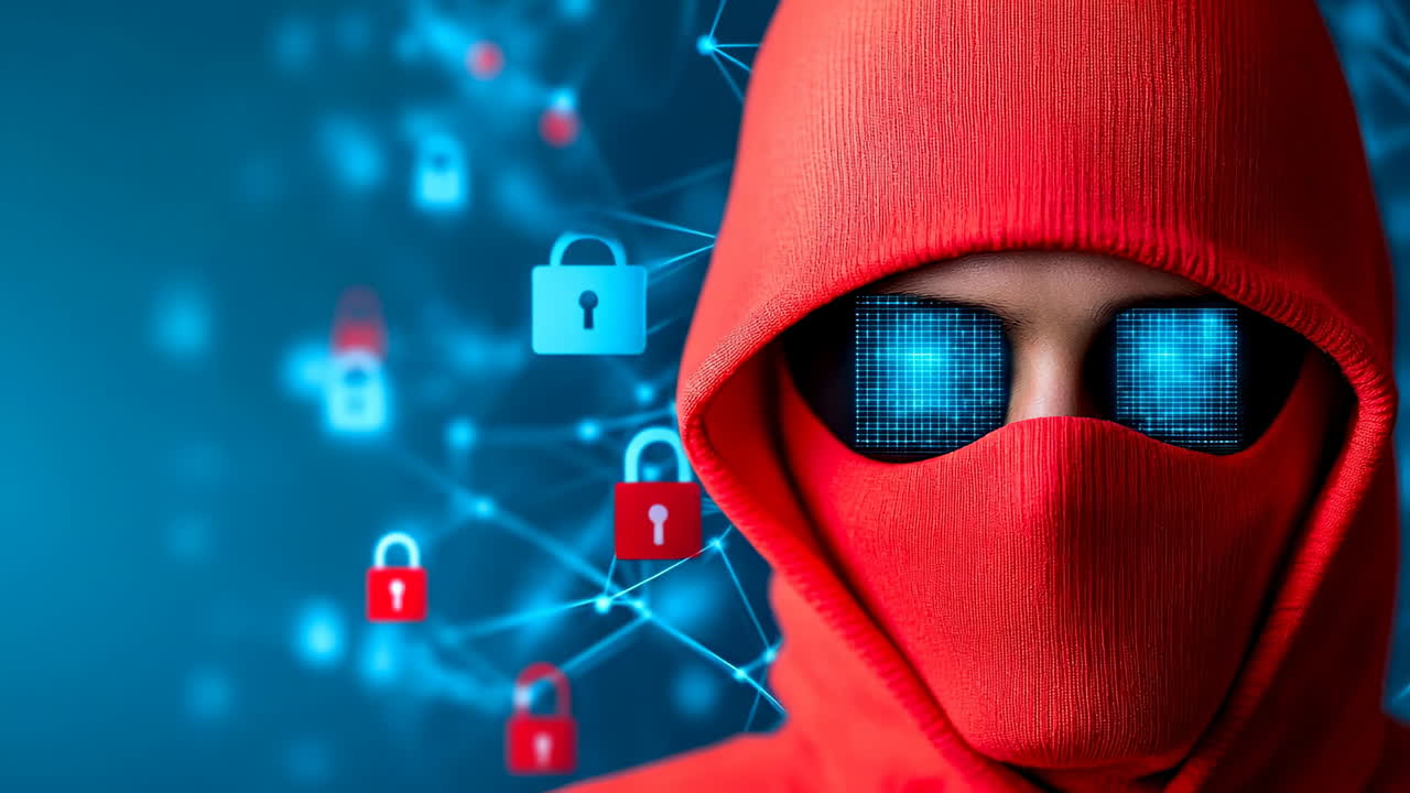 A hacker in a red hood with locks. A hooded figure in red stands against a blue digital background filled with security locks and network connections